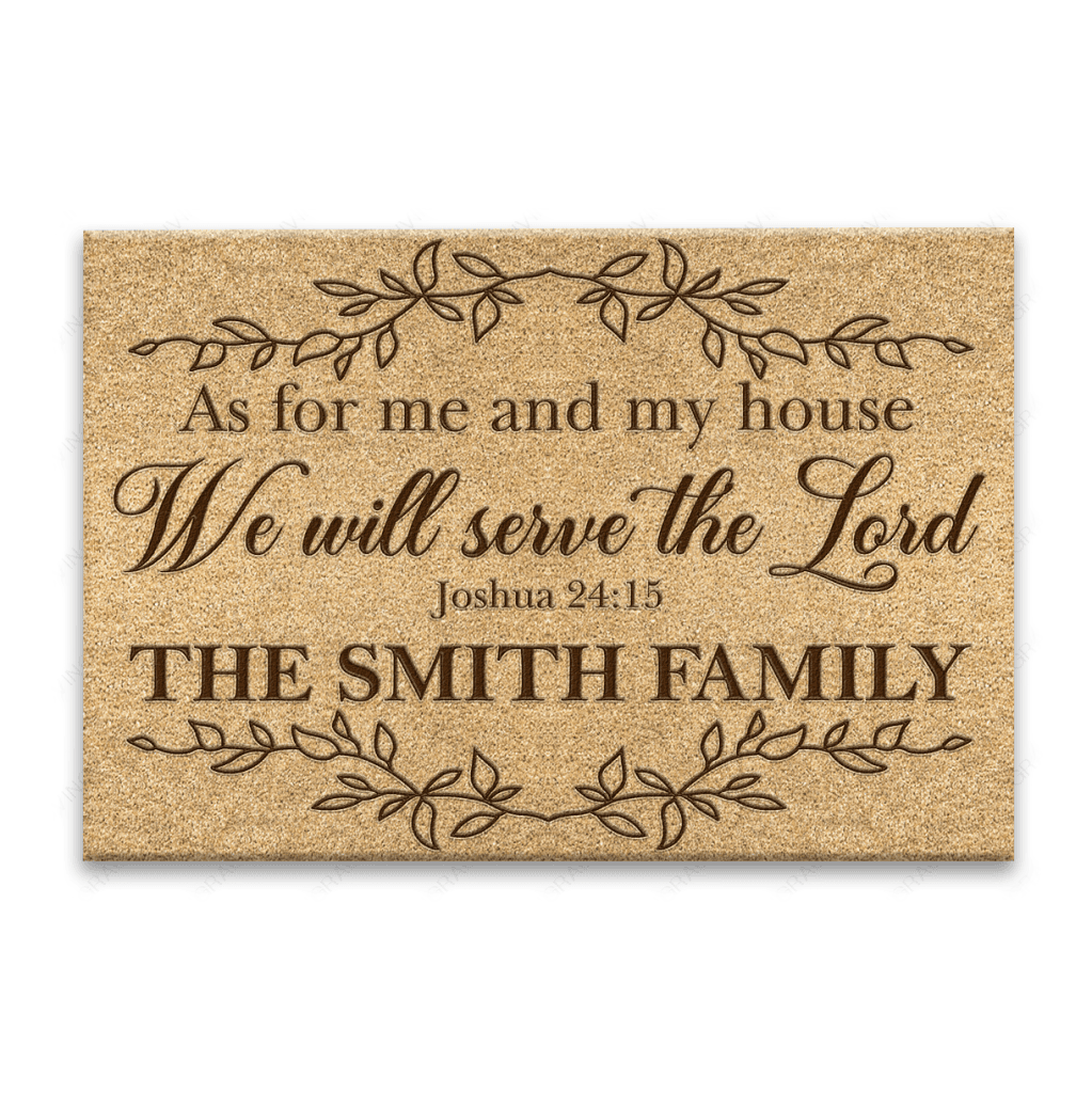 Vintage Leaf Line Art As For Me And My House Collection Family Name Personalized Doormat