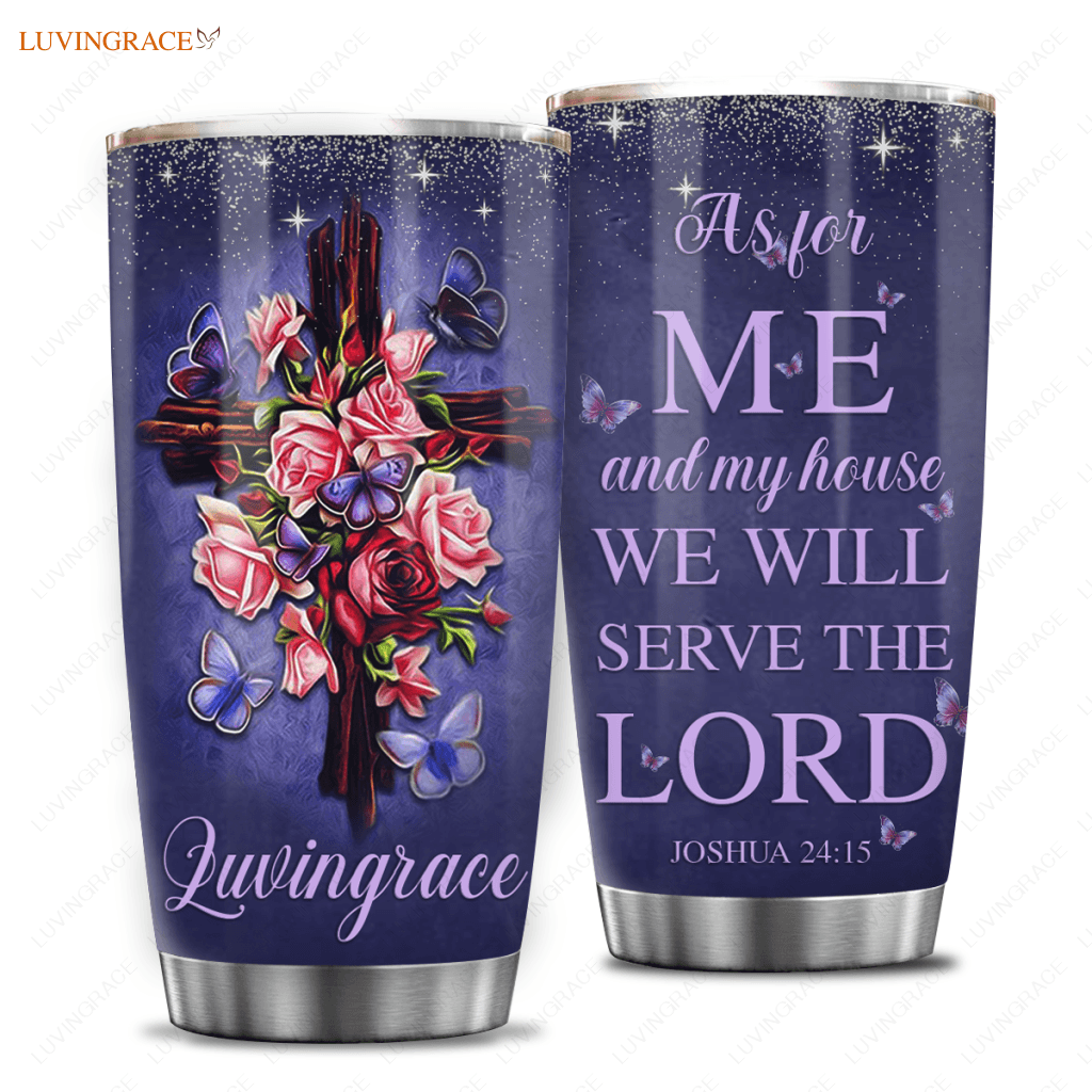 Vintage Roses Wood Cross Faith Butterfly As For Me And My House Personalized Tumbler