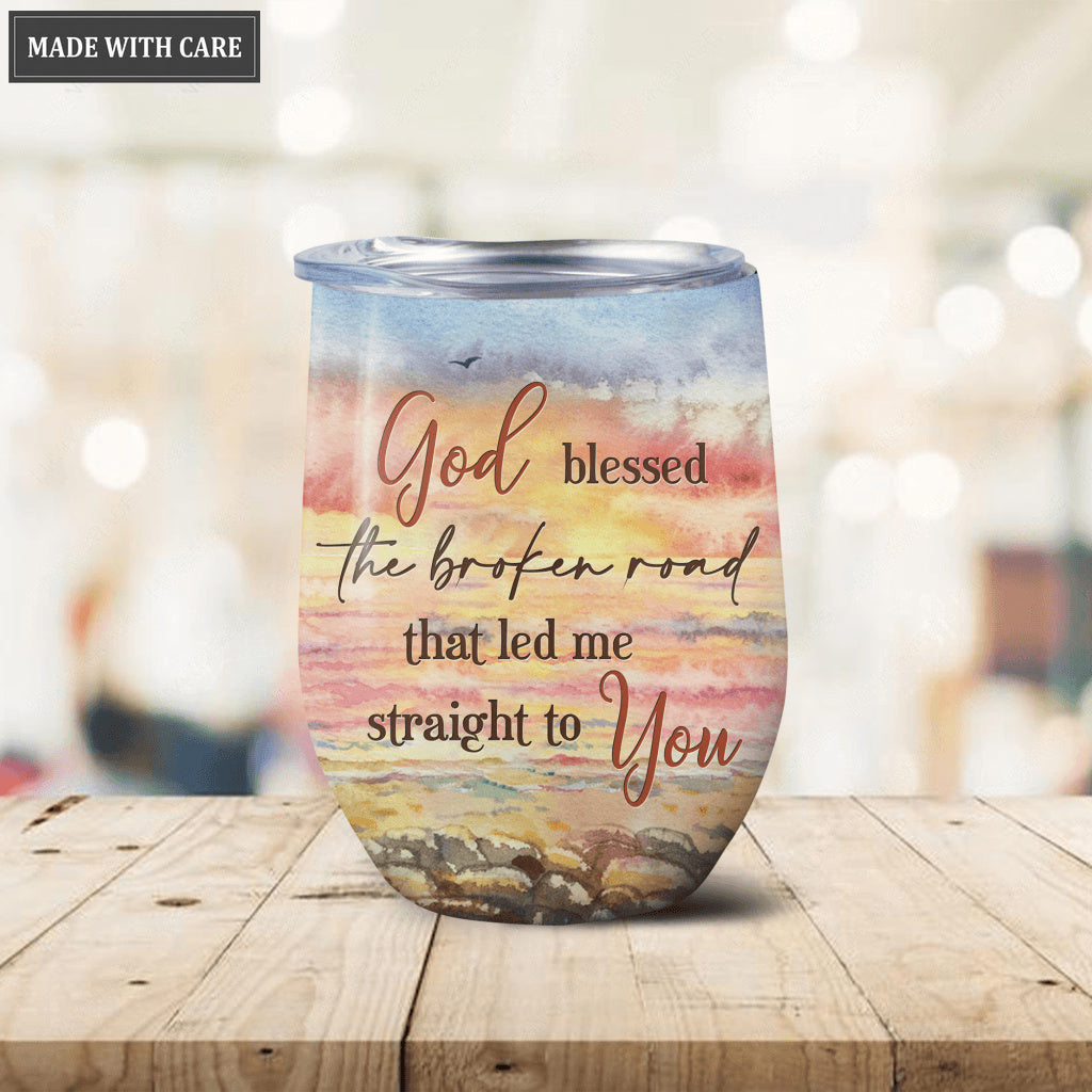 Personalized Couple On The Beach God Blessed The Broken Road Wine Tumbler