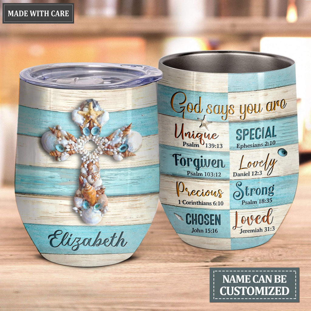 Personalized Blue Sea Shell God Says You Are Wine Tumbler