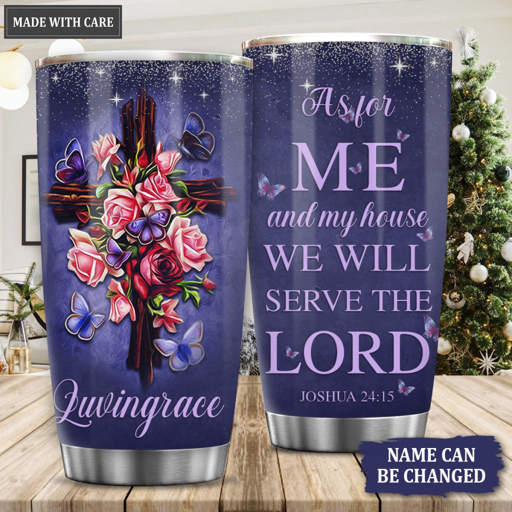 Vintage Roses Wood Cross Faith Butterfly As For Me And My House Personalized Tumbler