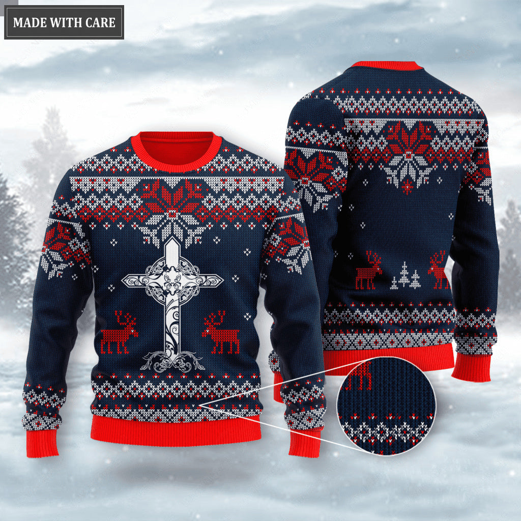 Dark Blue Christian Cross Reindeer Wool Knitted Snow Christmas Pattern Ugly Sweater