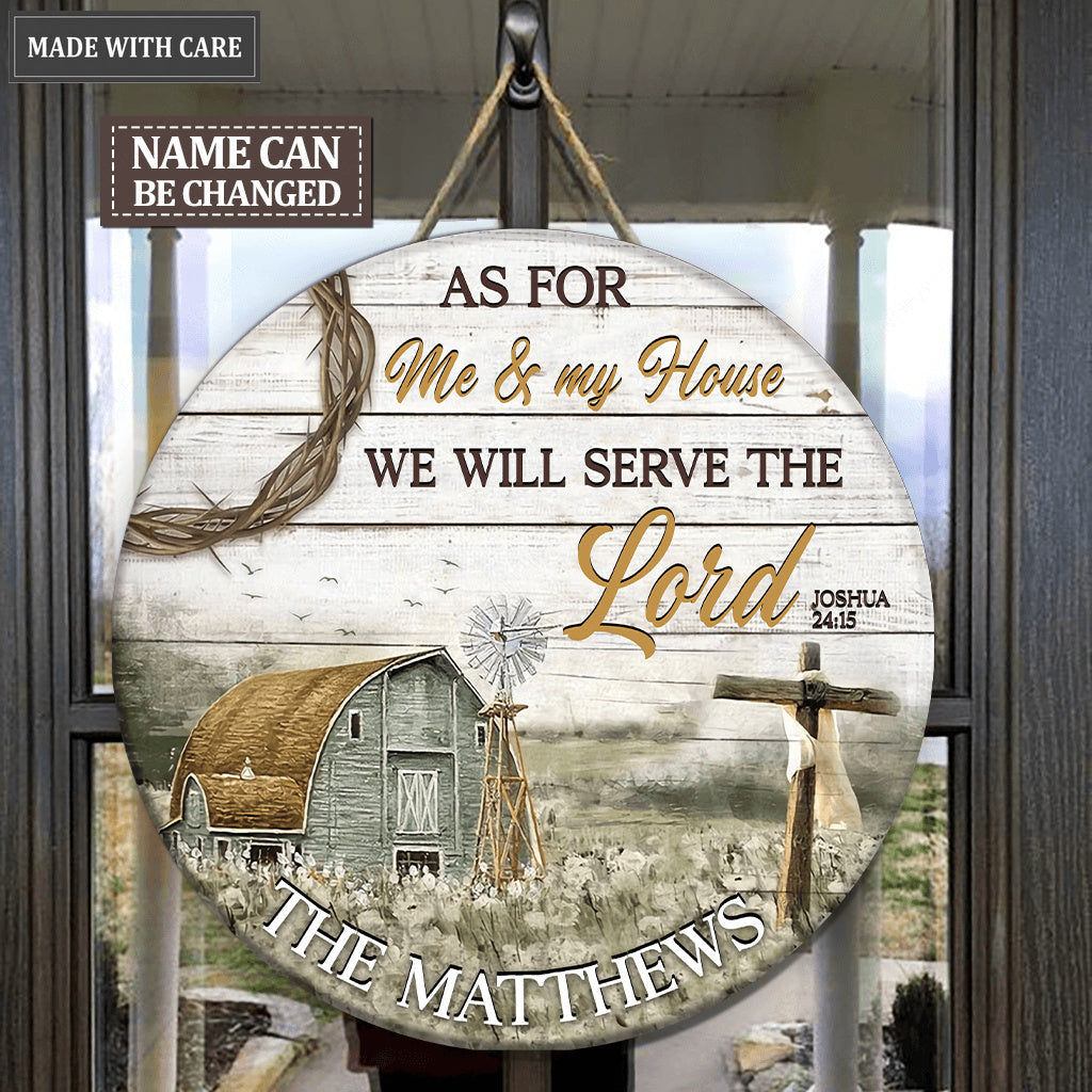Barn And Cross Serve The Lord Personalized Wood Circle Sign