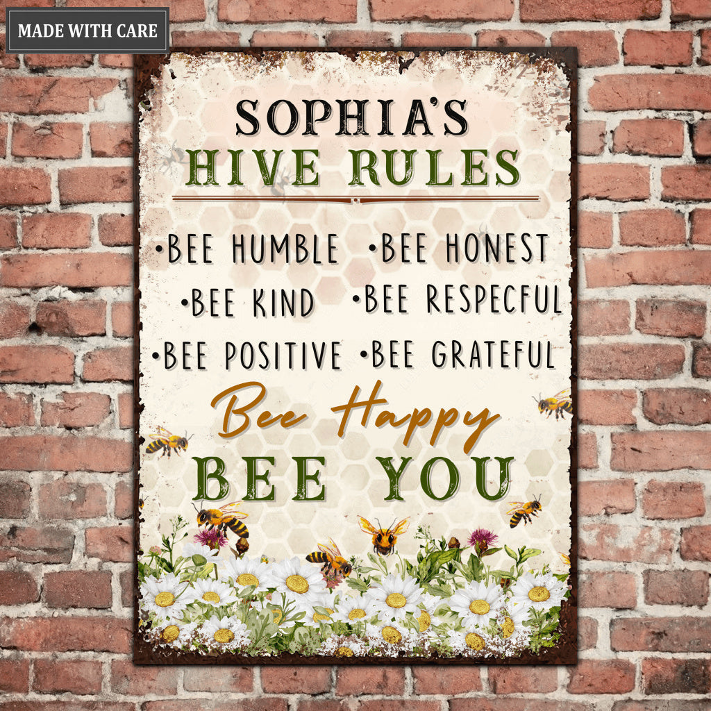 Hive Rules Farmhouse Bee Kind Personalized Metal Sign