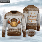 Vintage Happy Thanksgiving Turkey Pumpkin Wool Knitted Pattern Ugly Sweater