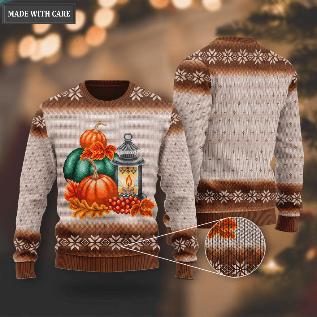 Vintage Thanksgiving Floral Pumpkin Wool Knitted Pattern Ugly Sweater