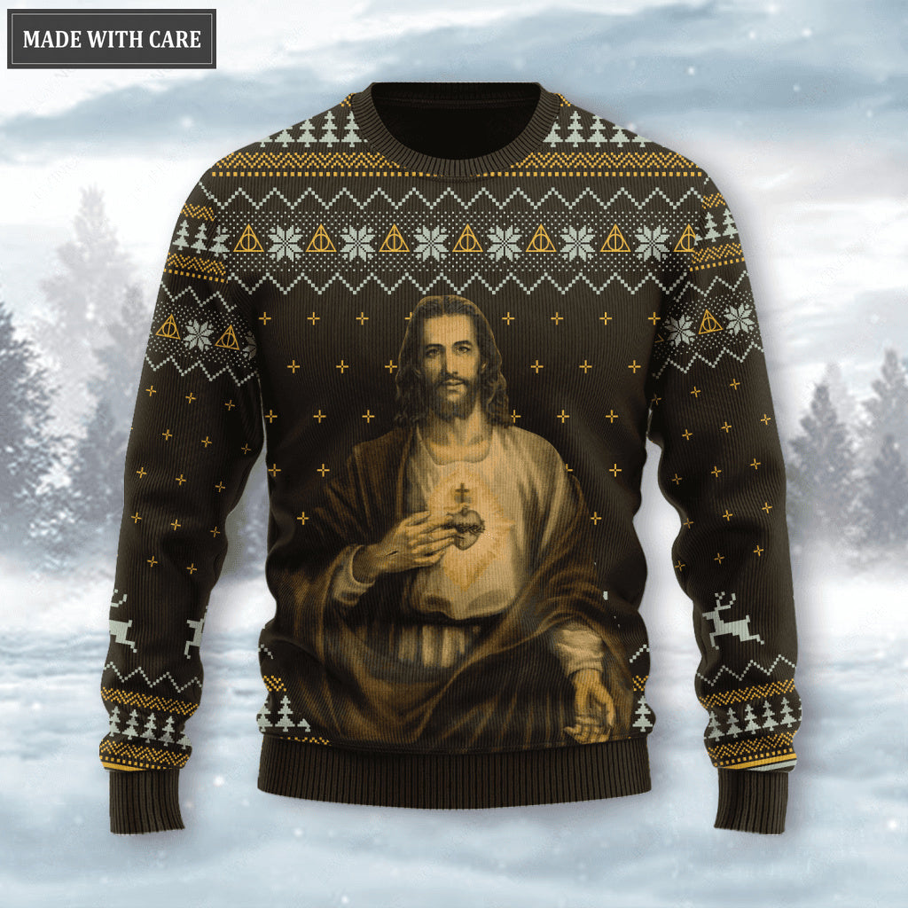 God Christ Show His Sacred Heart Wool Knitted Christmas Pattern Ugly Sweater
