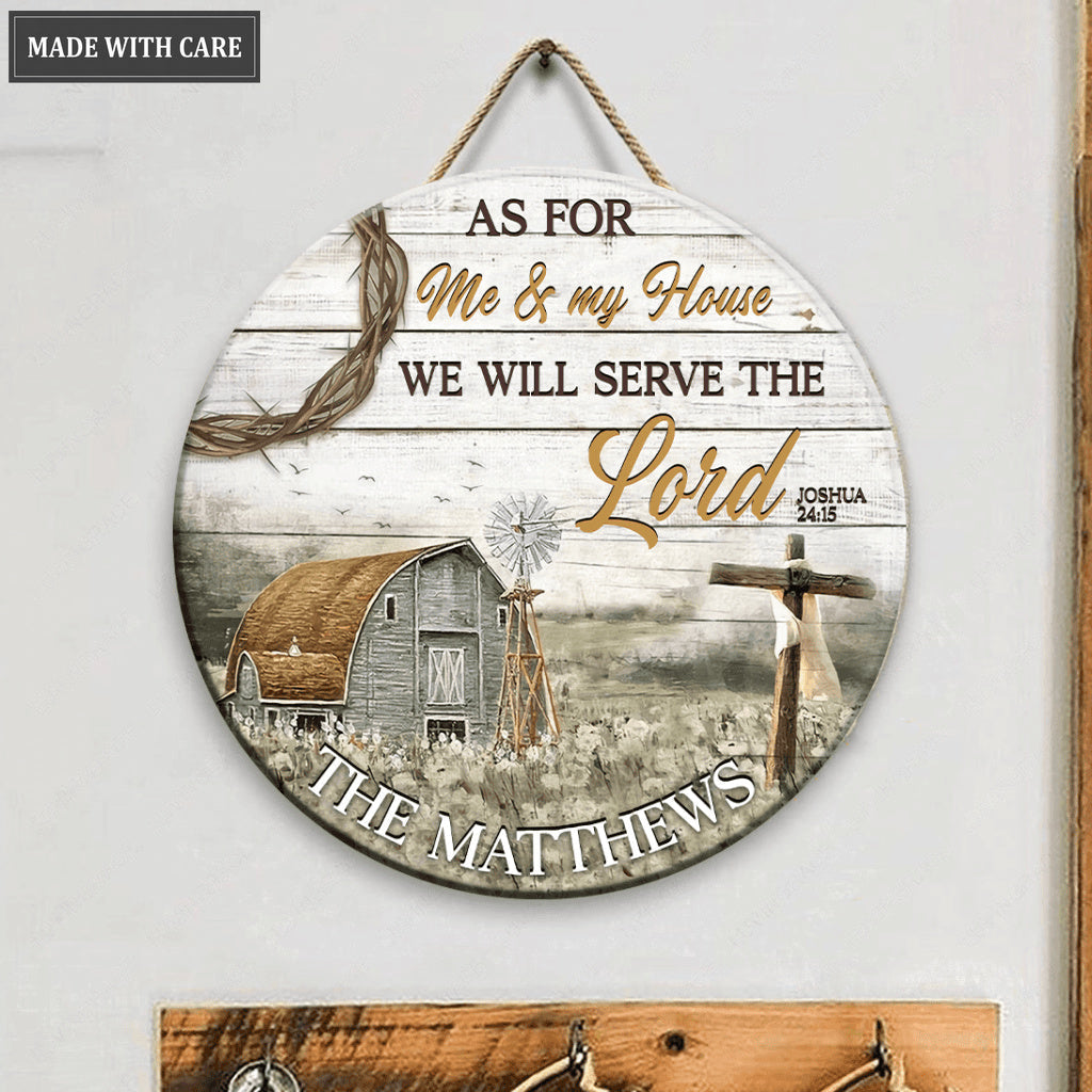 Barn And Cross Serve The Lord Personalized Wood Circle Sign
