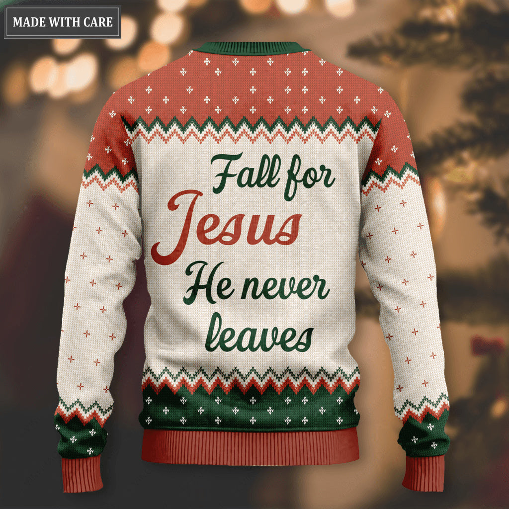 Autumn Pumpkin Floral Cross Wool Knitted Pattern Fall For Christ He Never Leaves Ugly Sweater