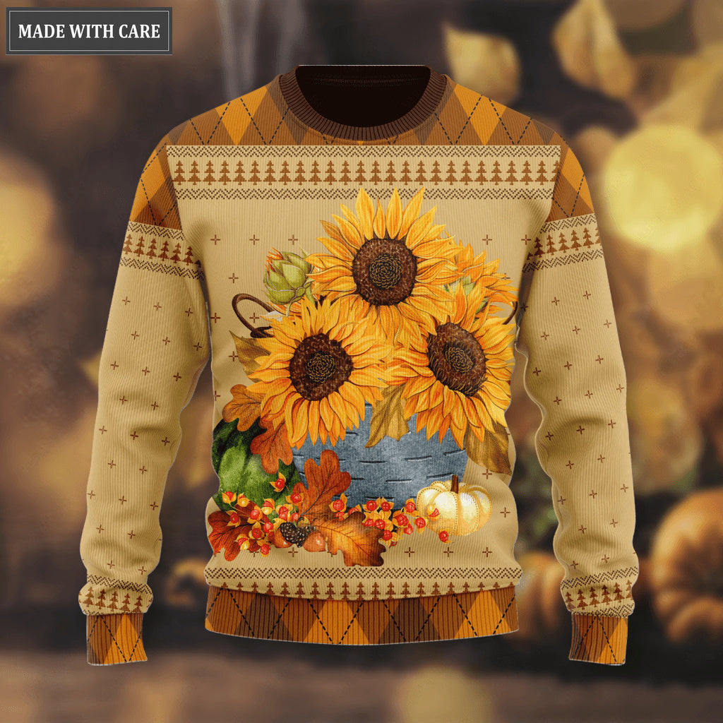 Fall Sunflower Pumpkin Wool Knitted Pattern Ugly Sweater