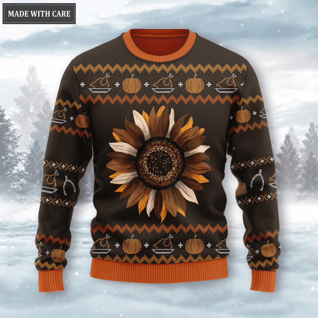 Happy Thanksgiving Sunflower Pumpkin Wool Knitted Pattern Ugly Sweater