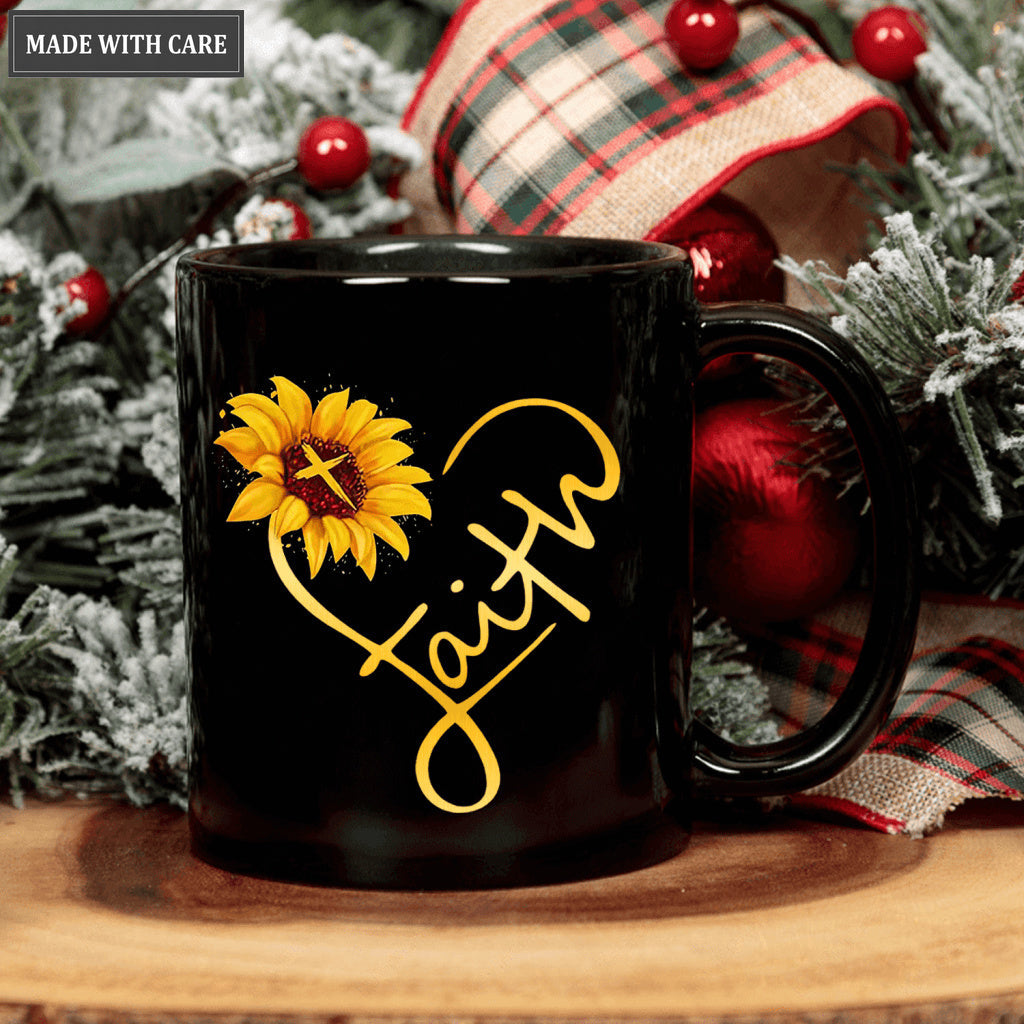 Sunflower Heart Faith Black Mug