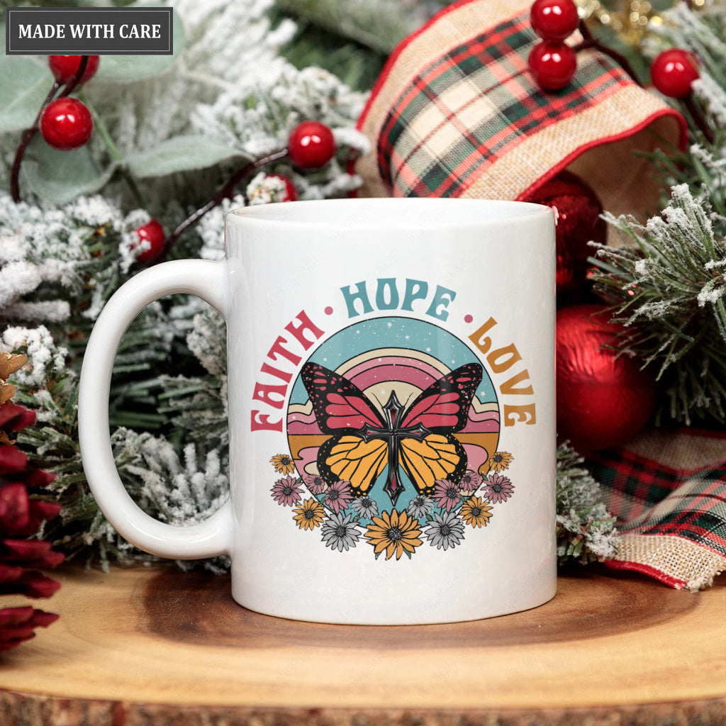 Vintage Hippie Flower Butterfly Cross Faith Hope Love Mug