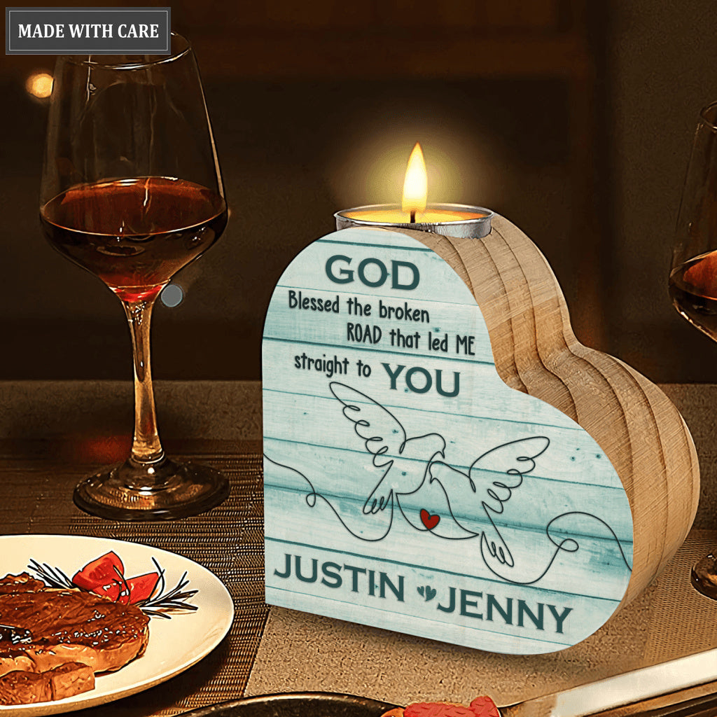 Blue Wood Dove Couple Line Art God Blessed Personalized Candle Holder