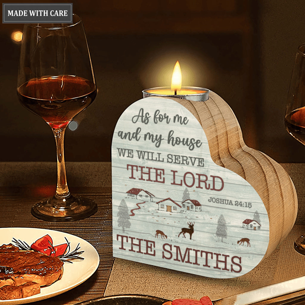 Blue Wood Home And Deer As For Me And My House Personalized Candle Holder
