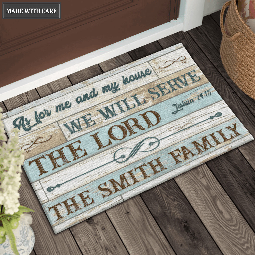 Vintage Old White Blue Wood As For Me And My House Collection Family Name Personalized Doormat
