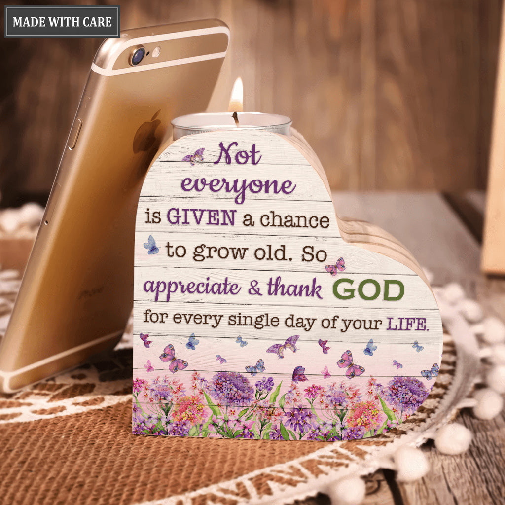 White Wood Pink Purple Flower Butterfly Thank God Every Day Candle Holder