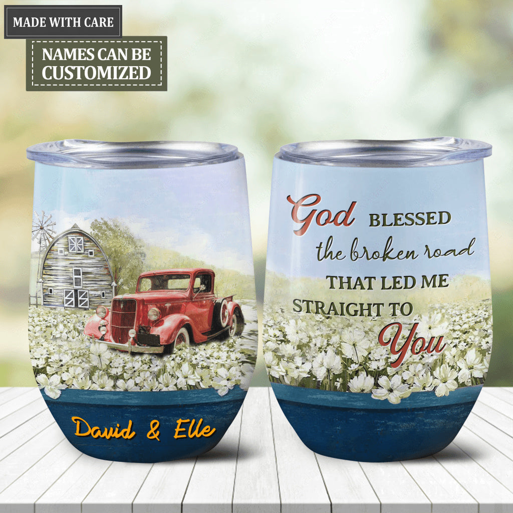 Personalized Vintage Field God Blessed The Broken Road Wine Tumbler
