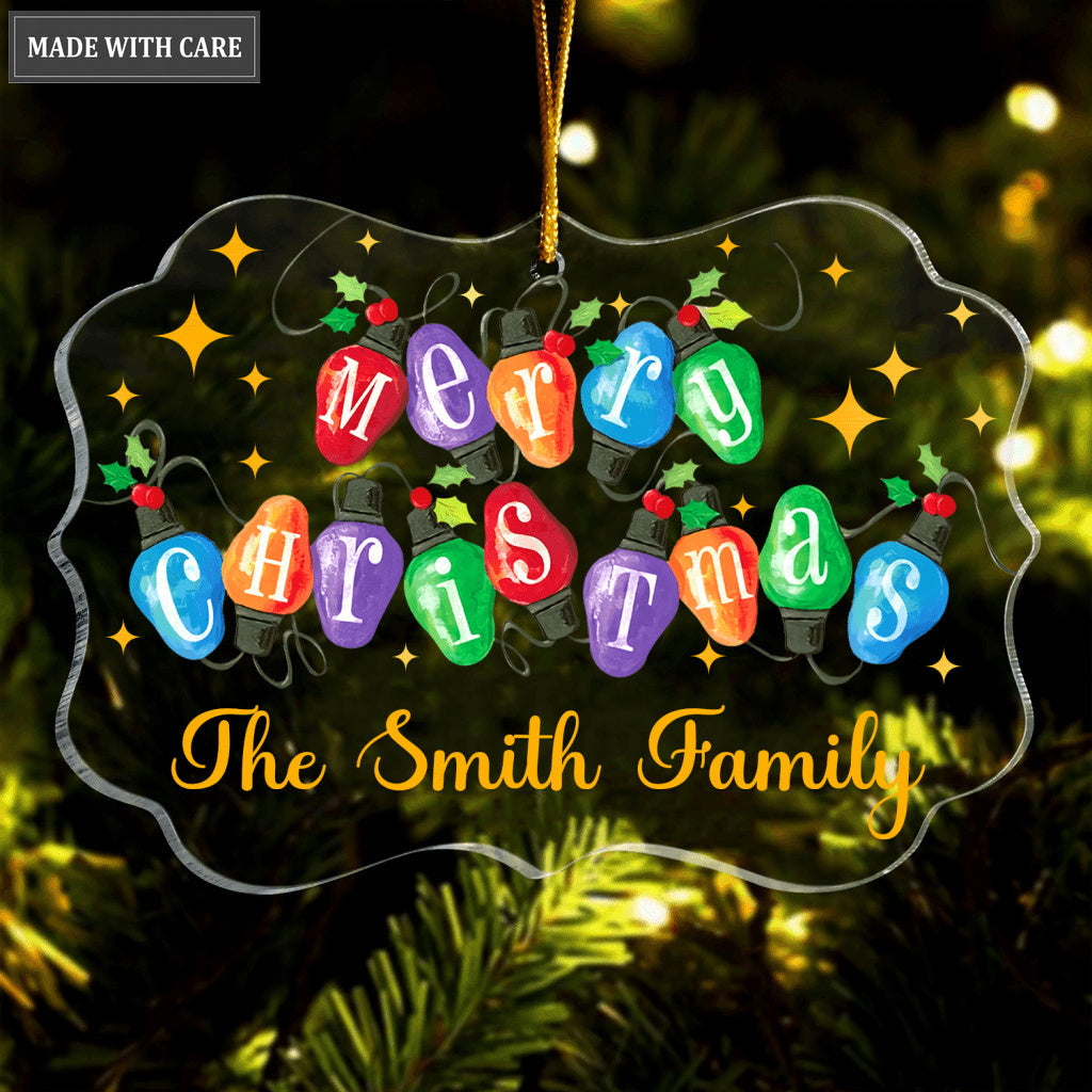 Colorful Light Merry Christmas Family Name Personalized Transparent Ornament