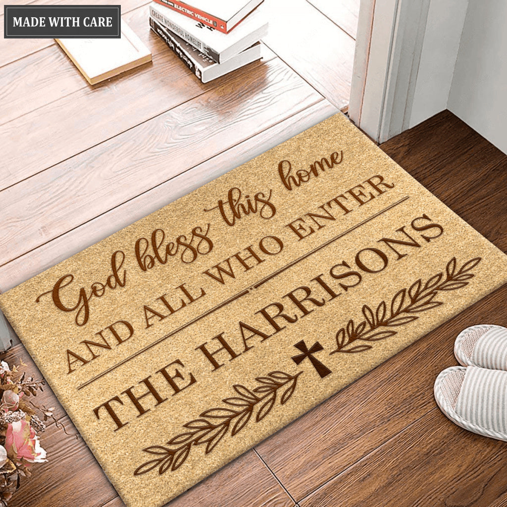 Vintage Floral Cross God Bless This Home Personalized Doormat