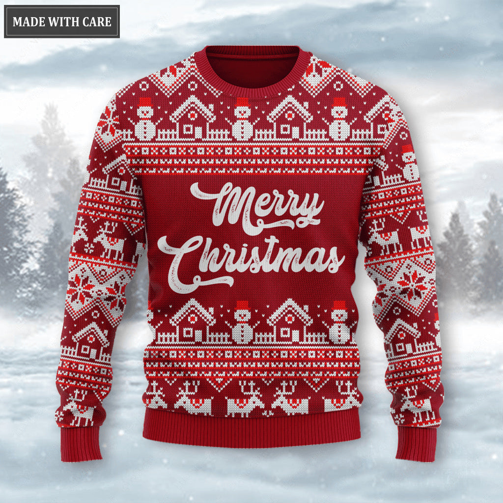 Merry Christmas Snowman Reindeer Wool Knitted Pattern Ugly Sweater