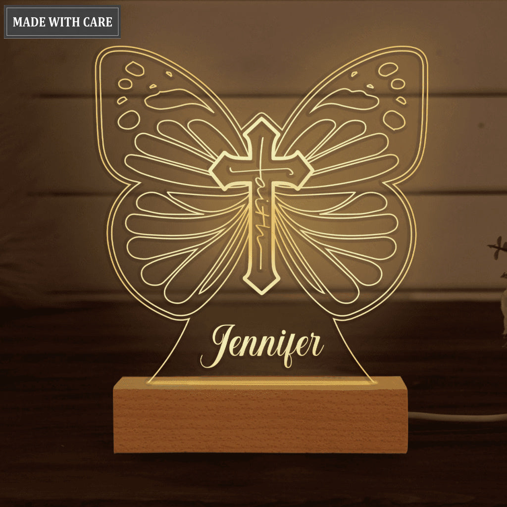Faith Cross Butterfly Personalized Acrylic Seven Colors Night Light