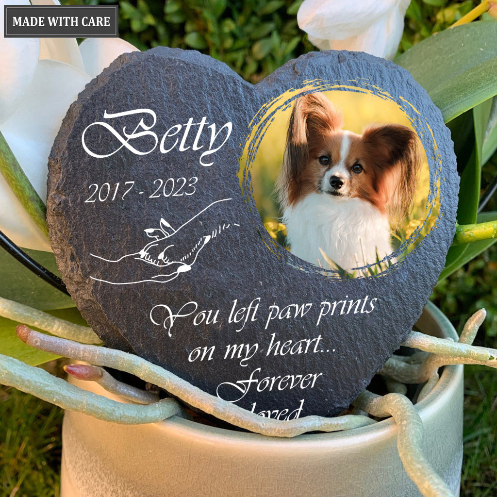 Holding Hand Dog Photo You Left Paw Prints On My Heart Custom Dog Memorial Stone, Pet Memorial Gifts - Personalized Custom Memorial Tomstone
