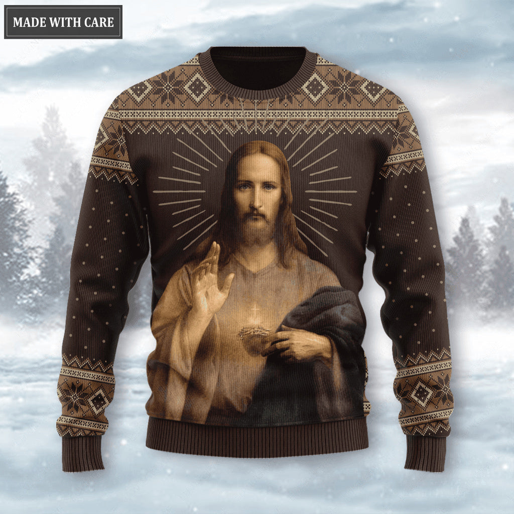 Holy Christ Sacred Heart Wool Knitted Pattern Ugly Sweater