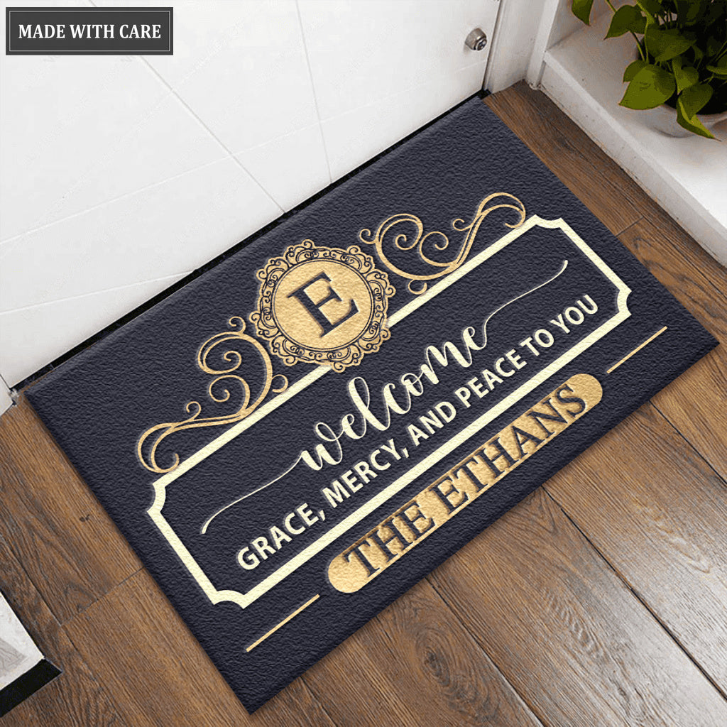 Personalized Welcome Grace Mercy And Peace Elegant Family Home Doormat