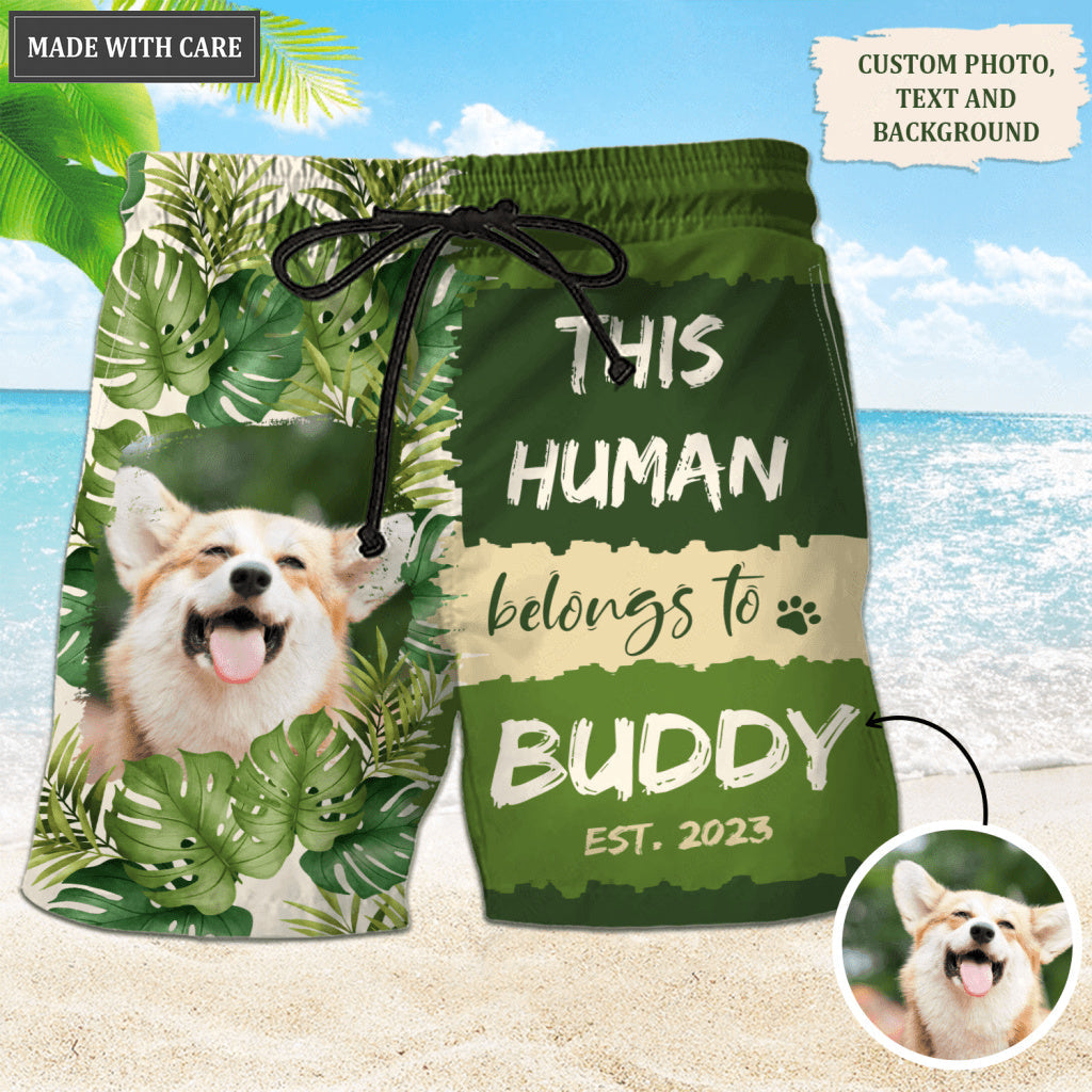 Tropical Leaves Pattern Human Belongs To - Personalized Custom Photo Hawaiian Shirt, Beach Shorts