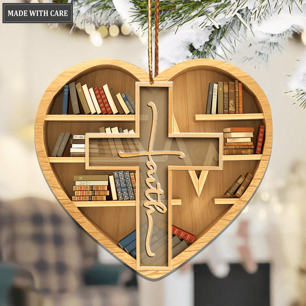 Bookshelf Heart Faith Cross Ornament