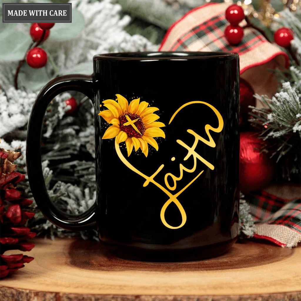 Sunflower Heart Faith Black Mug