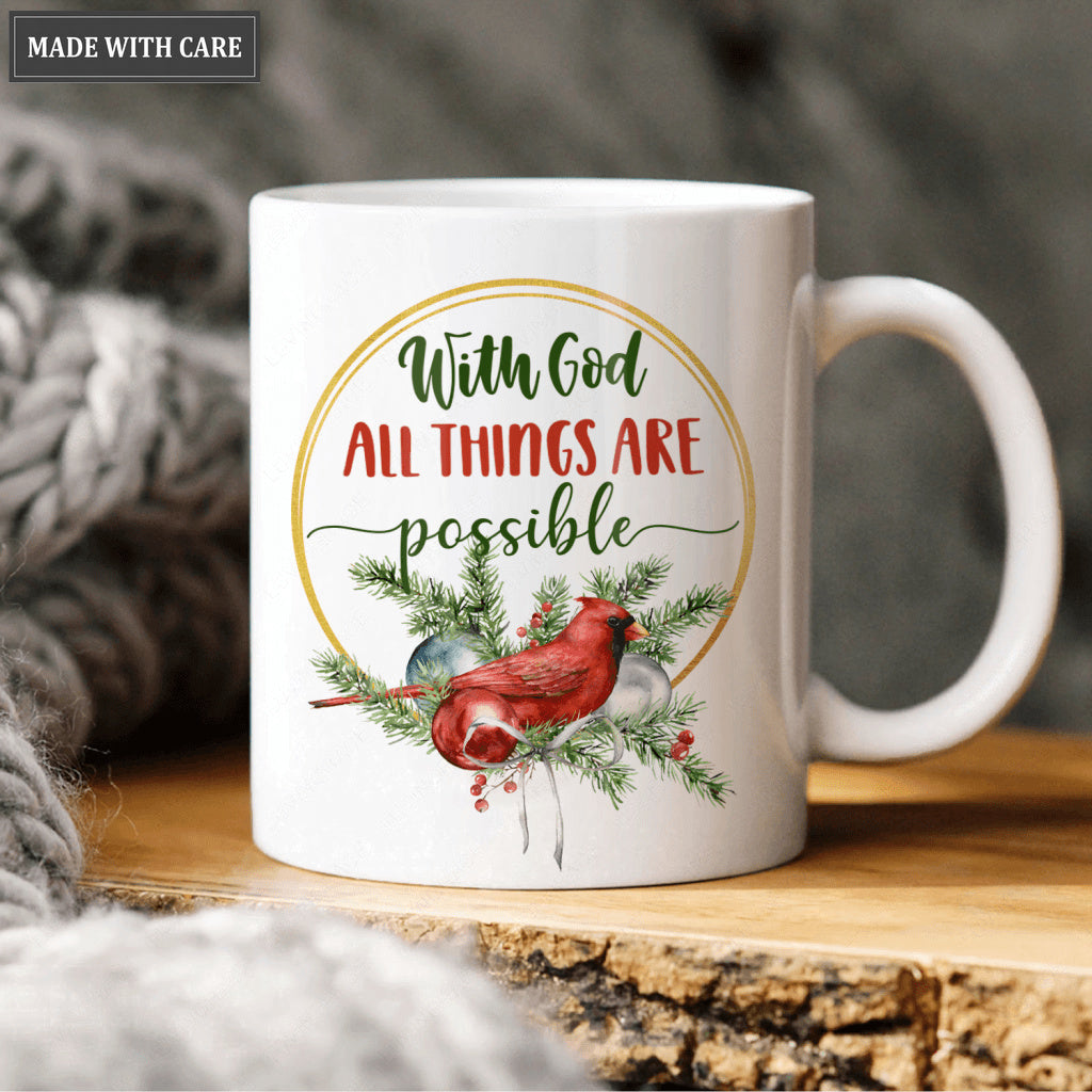 Pine Floral Cardinal With God All Things Are Possible Mug