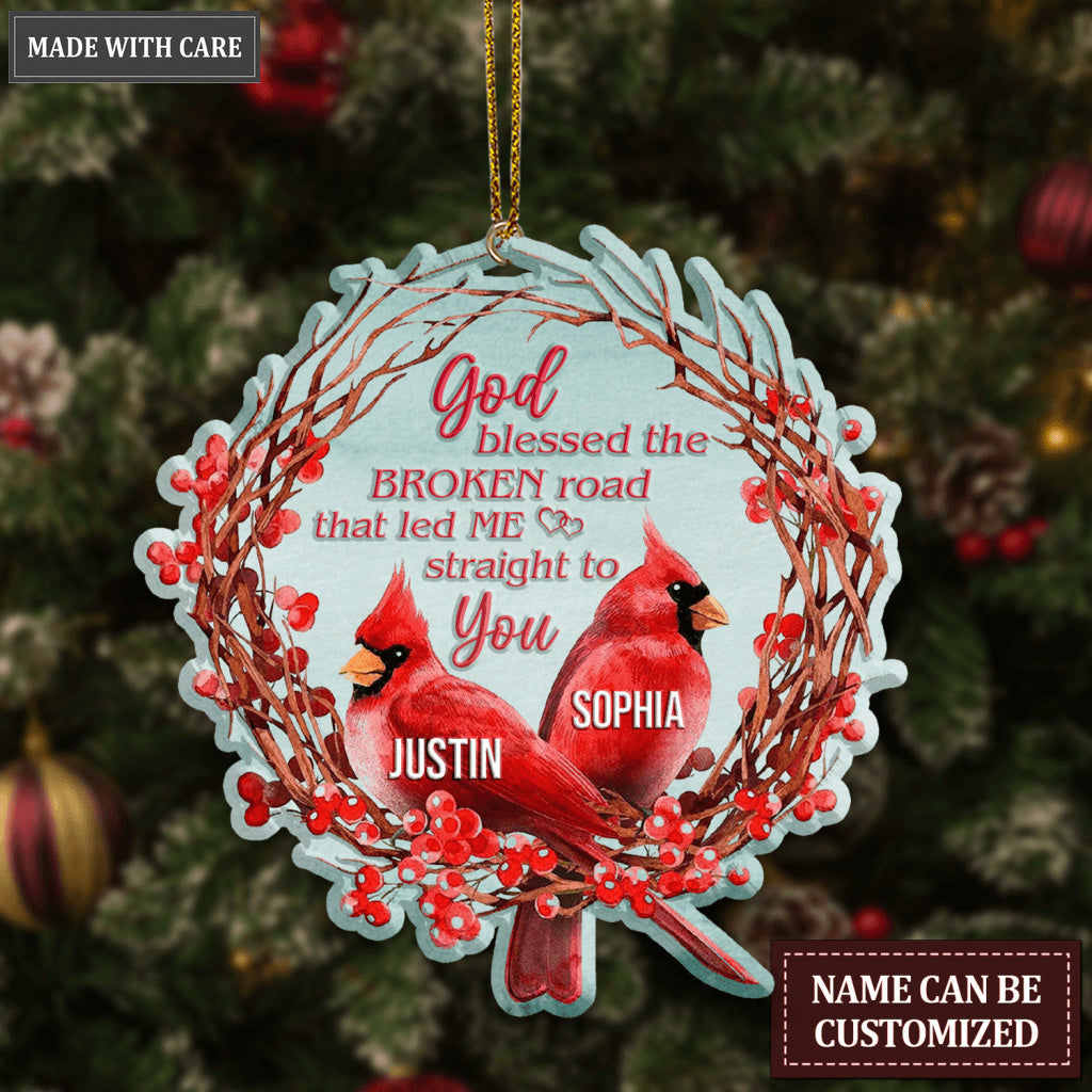 Christmas Floral Cardinal Couple God Blessed Personalized Ornament
