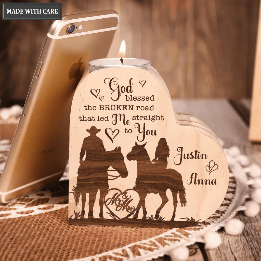 Cowboy And Cowgirl Couple Heart God Blessed Personalized Candle Holder