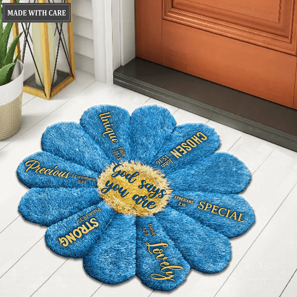 Blue Sunflower God Says You Are Fluffy Shaped Luxurious Doormat