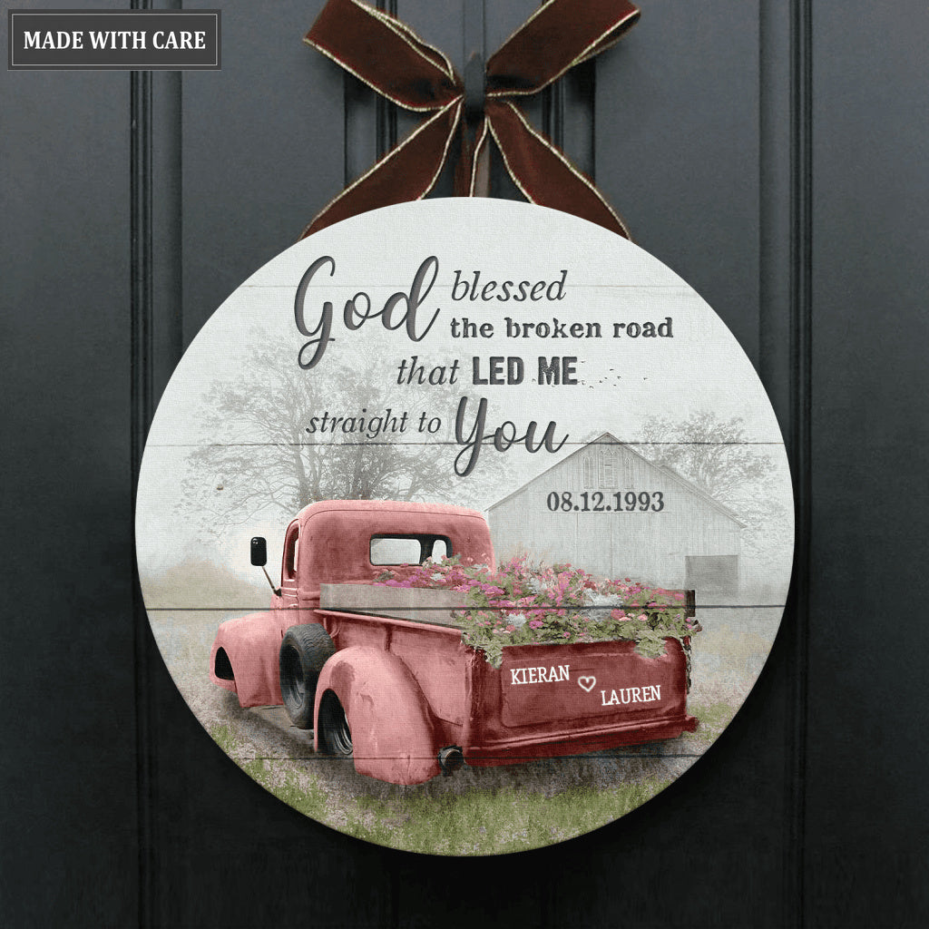 Personalized Red Truck God Blessed Wood Circle Sign