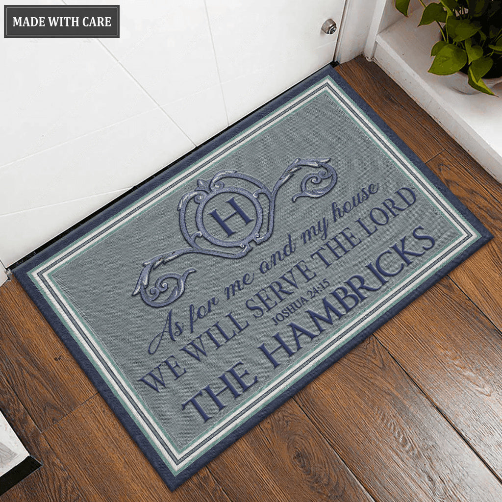 Border Stripe In Blue Serve The Lord Personalized Doormat