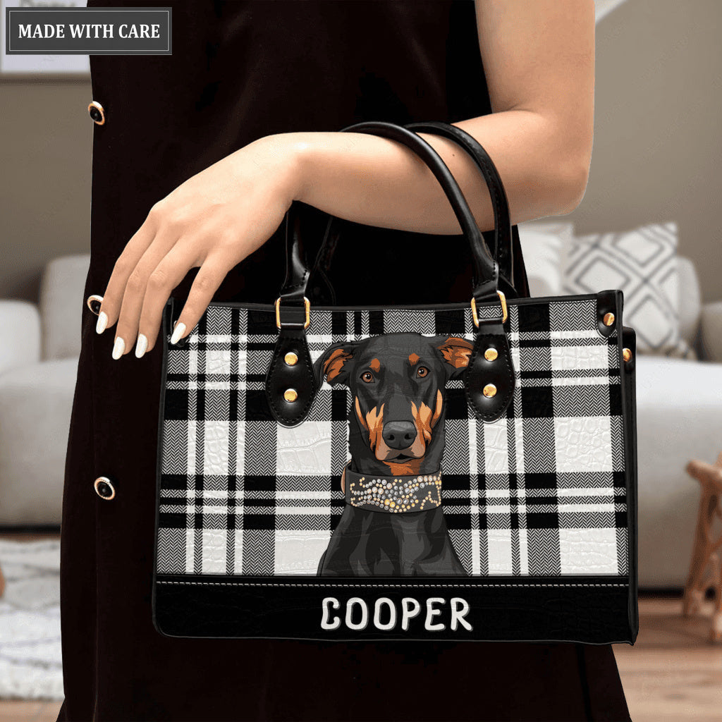 Artistic Plaid Black White Pet Digital Painting Portrait - Personalized Custom Leather Bag