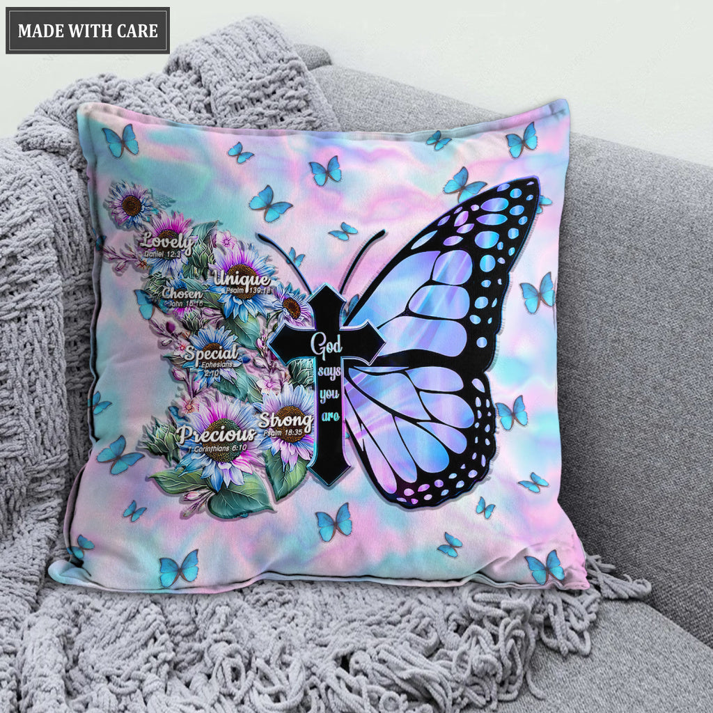 Blue Hologram Sunflower Cross Butterfly God Says You Are Pillow