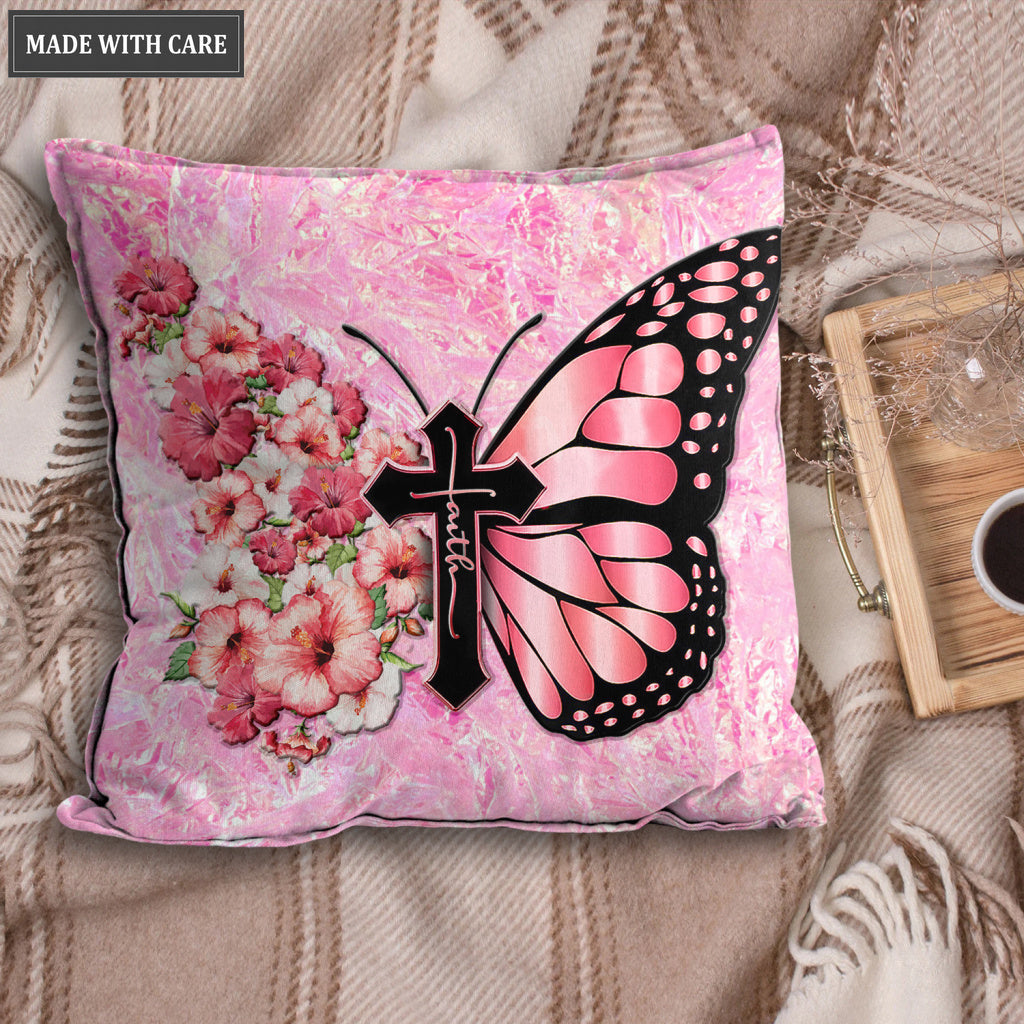 Pink Hologram Hibiscus Faith Cross Butterfly Pillow