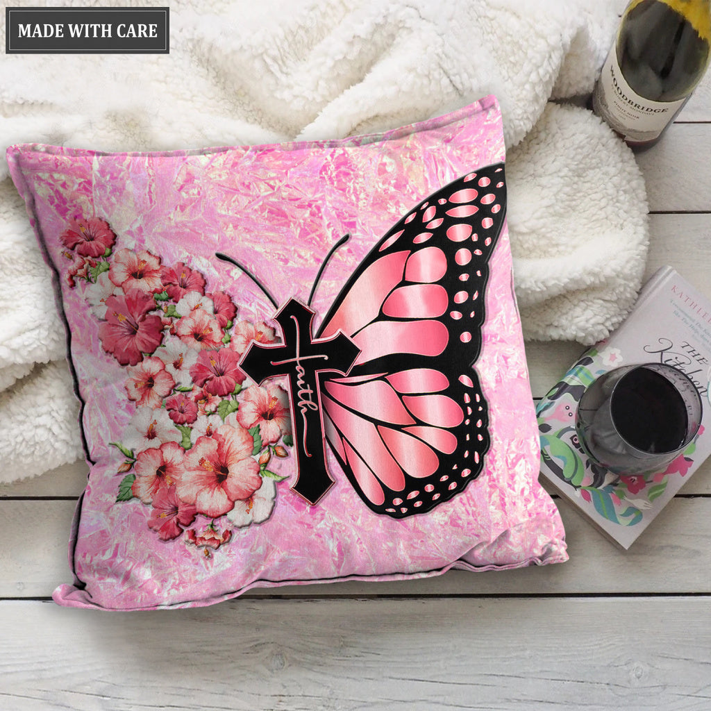 Pink Hologram Hibiscus Faith Cross Butterfly Pillow
