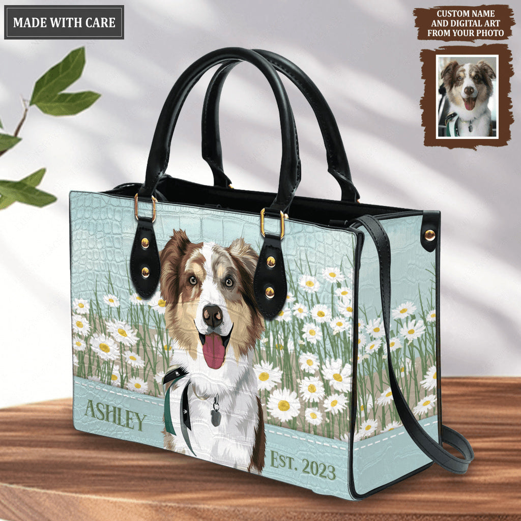 Blue White Daisy Flower Pet Digital Painting Portrait - Personalized Custom Leather Bag