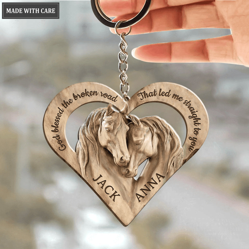 Horses In Love God Blessed Personalized Wooden Keychain