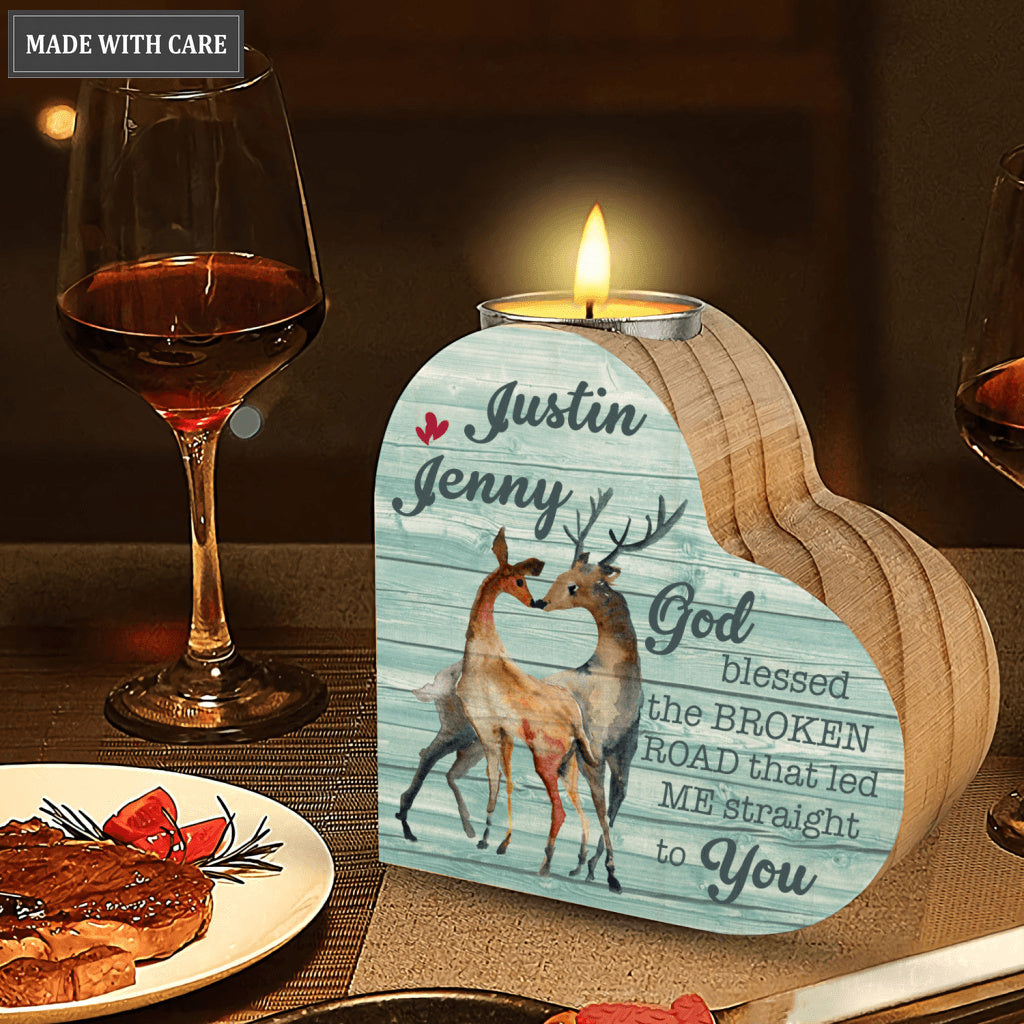 Blue Wood Deer Couple God Blessed Personalized Candle Holder