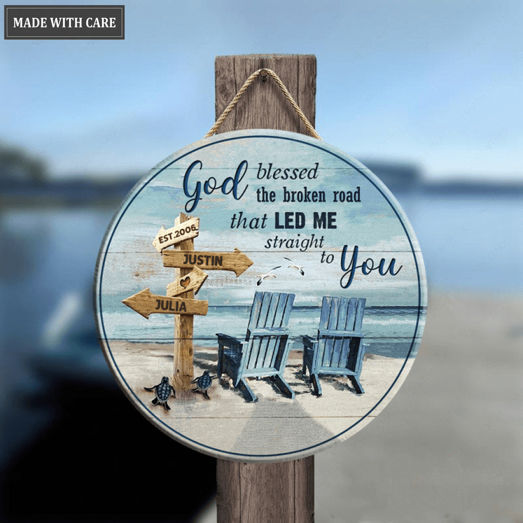 Personalized God Blessed Couple Chairs Wood Circle Sign