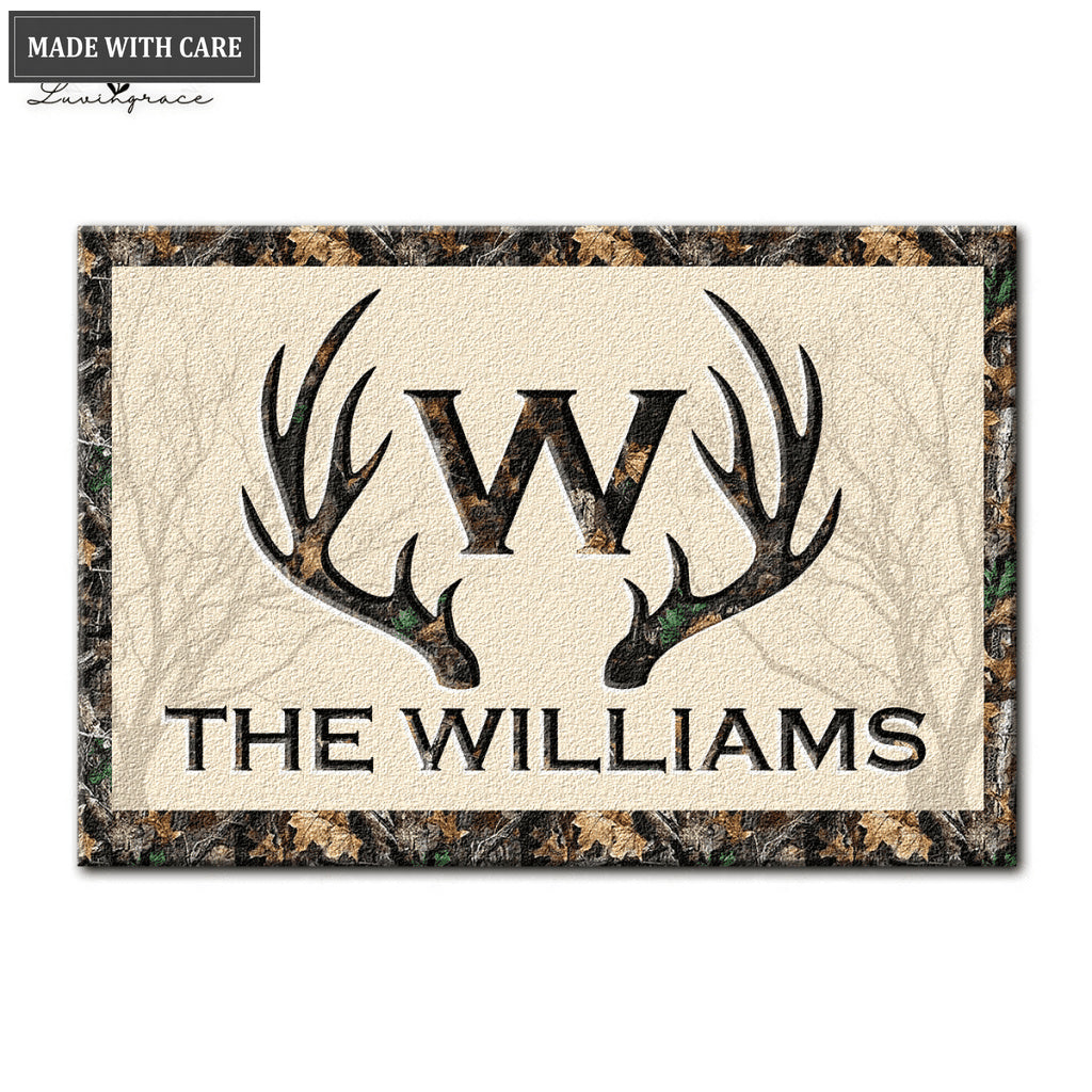 Deer Antlers Camo Family Monogram Personalized Doormat